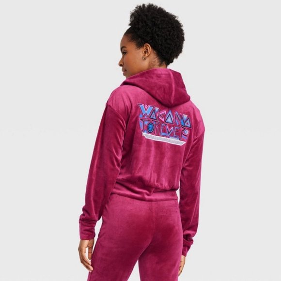 Marvel Wakanda Forever Velour Berry Red Graphic Zip Up Hoodie - Picture 4 of 4